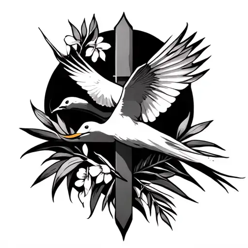 A Cross With The Bird Of Paradise On The Right Side And A Dove On The Left