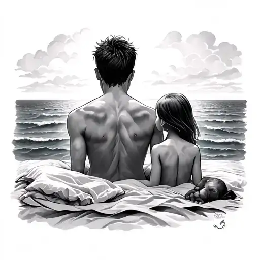 Father And His Son And His Daughter From Behind Face The Sea With A Bed