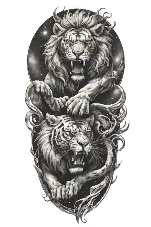 A Lion And Tiger Engaged In A Fierce Battle In Outer Space