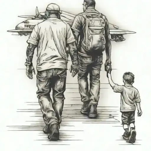 Man Holding His Sons Hand As They Walk To An Airplane