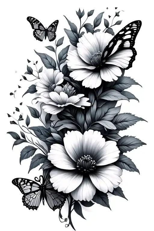 Flowers And Butterflies Fluttering Spine Tattoo Fine Line