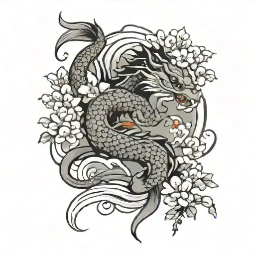 Japanese Dragon With Cherry Blossoms And Koi Fish Swimming With Japanese Lettering Shelia On It