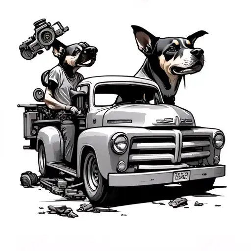 A Dog Mechanic Fixing Up A Classic Truck