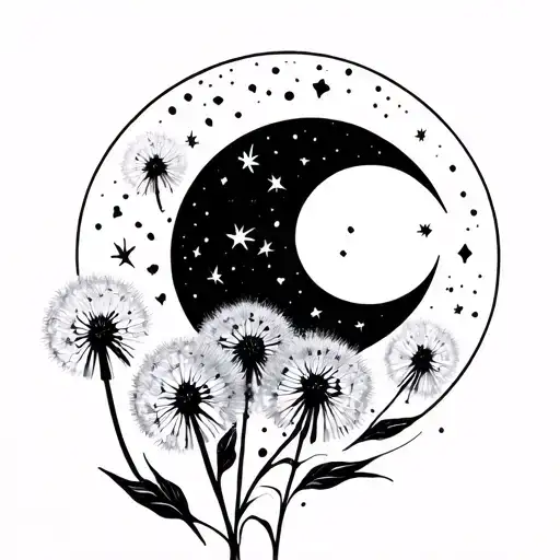 Crescent Moon And Dandelion Flower Blooming