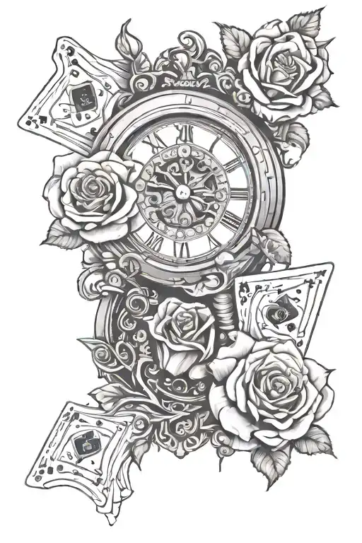 Clock And Playing Cards And Roses