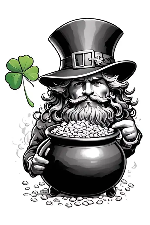 Leprechaun With Pot Of Gold And A Big Four Leaf Clover Intertwined