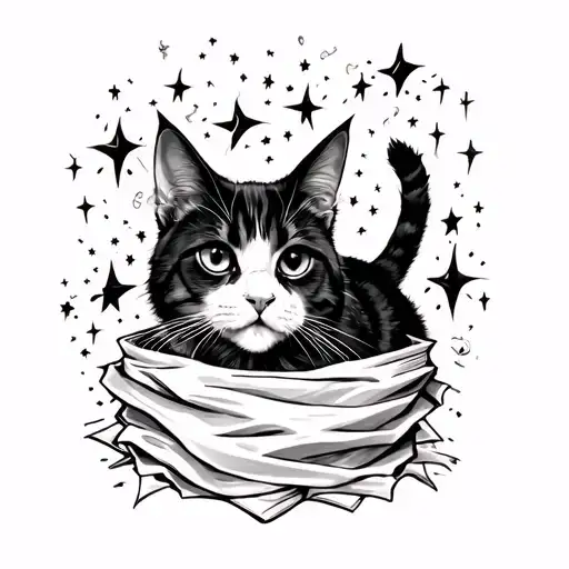Gothic Cat In A Ghost Sheet With Stars And Things In The Background