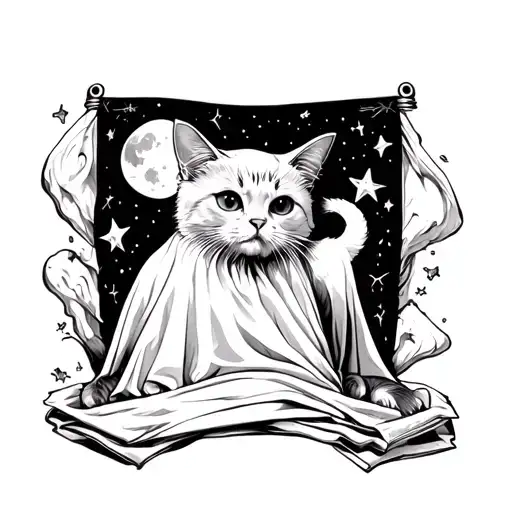 Gothic Cat In A Sheet Like A Ghost With Moon And Stars And Spooky Things In The Background