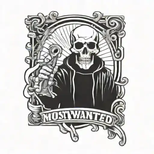 Skull Holding Most Wanted Sign For Tattoo Shop