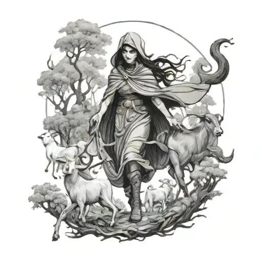 Mystical Women With Cloak Herding Goats In Spooky Forest