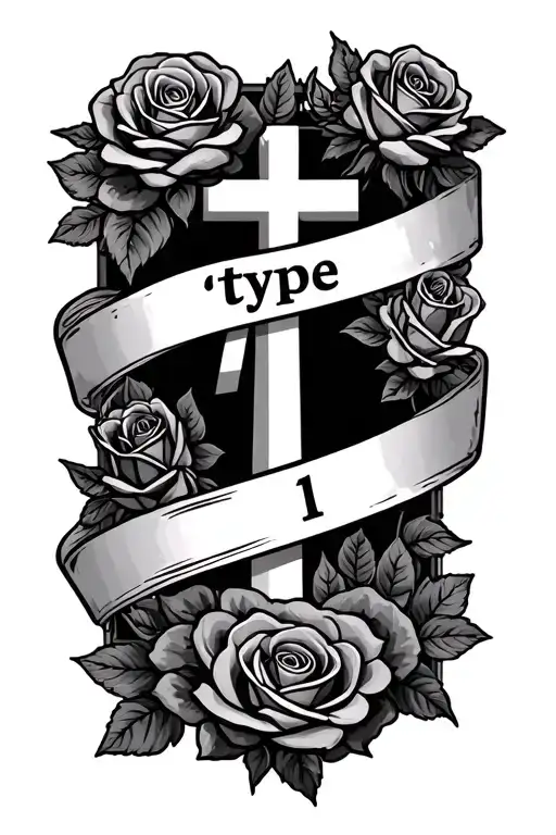 Type 1 Diabetic Written On A Banner With Roses Surrounded And A Cross