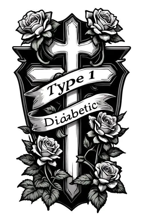Type 1 Diabetic Written On A Banner With Roses Growing On A Cross