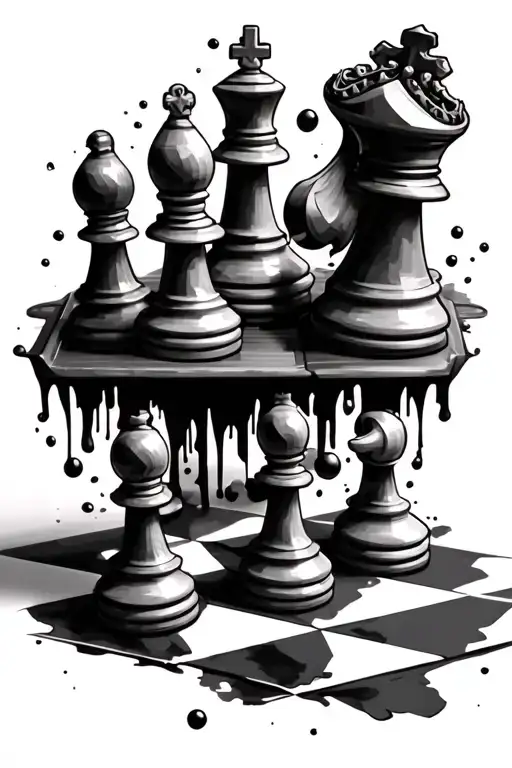 Chess Board With Chess Pieces Falling Down To The King Piece