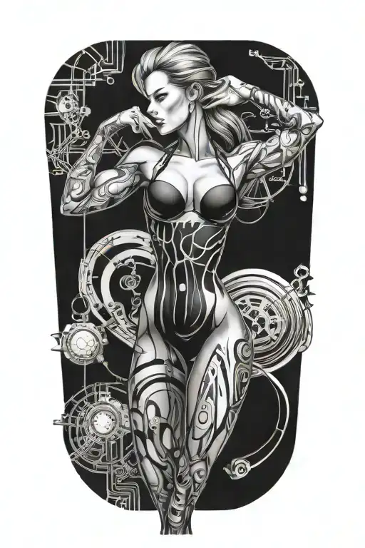 Fitness Muscled Women With Technology Circuits Merging