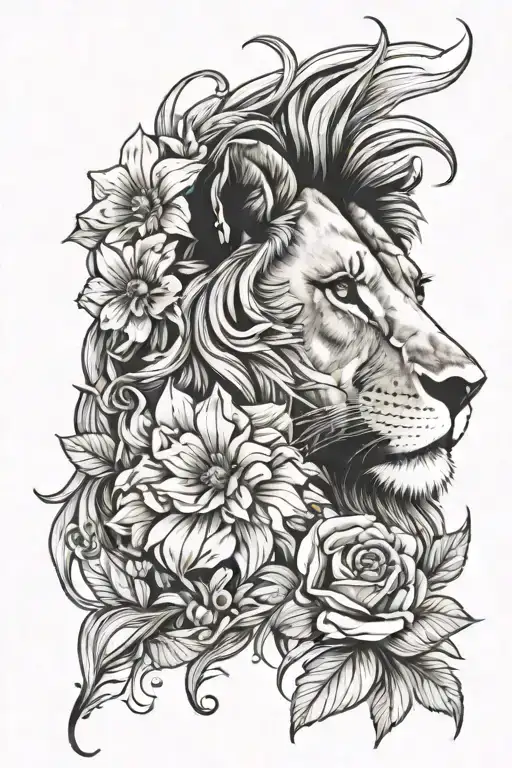 Lion Face With Half Of A Flower Growing
