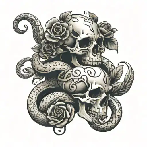 Skull Snake Intertwined Rose Intertwined