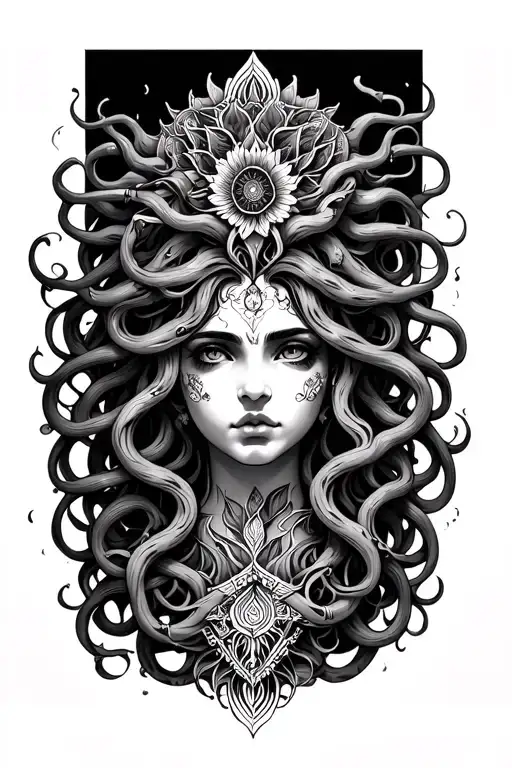 Medusa With Mandala Design Incorporating Elements