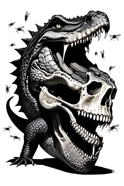 A Menacing Crocodile Eating A Human Skull Surrounded By Flies
