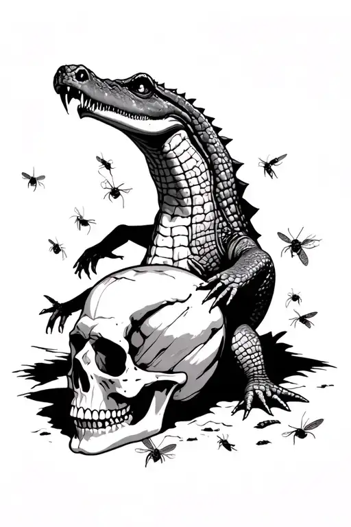 A Menacing Crocodile Eating A Human Skull Surrounded By Flies