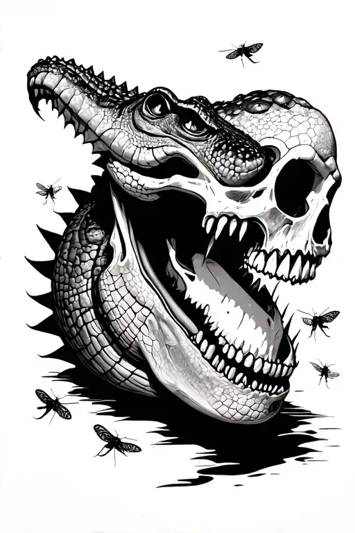 A Menacing Crocodile Eating A Human Skull Surrounded By Flies