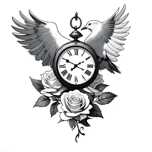 Dove Carrying A Clock Face And Rose Intertwined