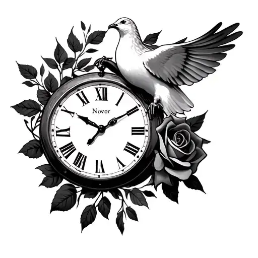 Dove Carrying A Clock Face And Rose Intertwined Within