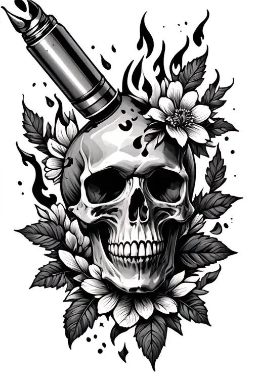 Skull With Bullet Hitting It Surrounded By Leaves And Flowers On Fire