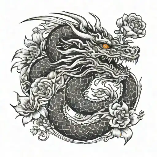 Japanese Dragon With Flowers