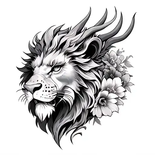 Dragon Head With Lion Head With Flowers