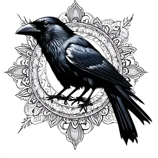 Mandala Design Featuring Raven Perched