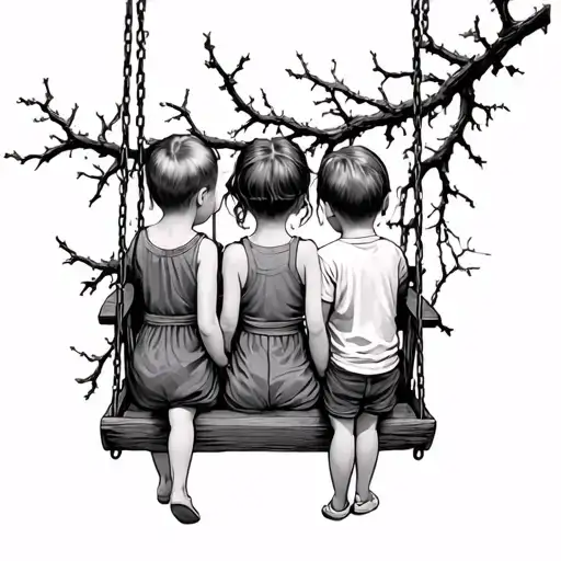 3 Children 2 Girls 1 Boy Facing Away On A Swing Suspended By Jagged Bramble Branches