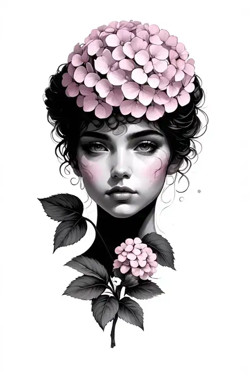 That Has Hydrangea Flower Light Pink Color Subtle Design And Woman Face With Black And Gray Shaded
