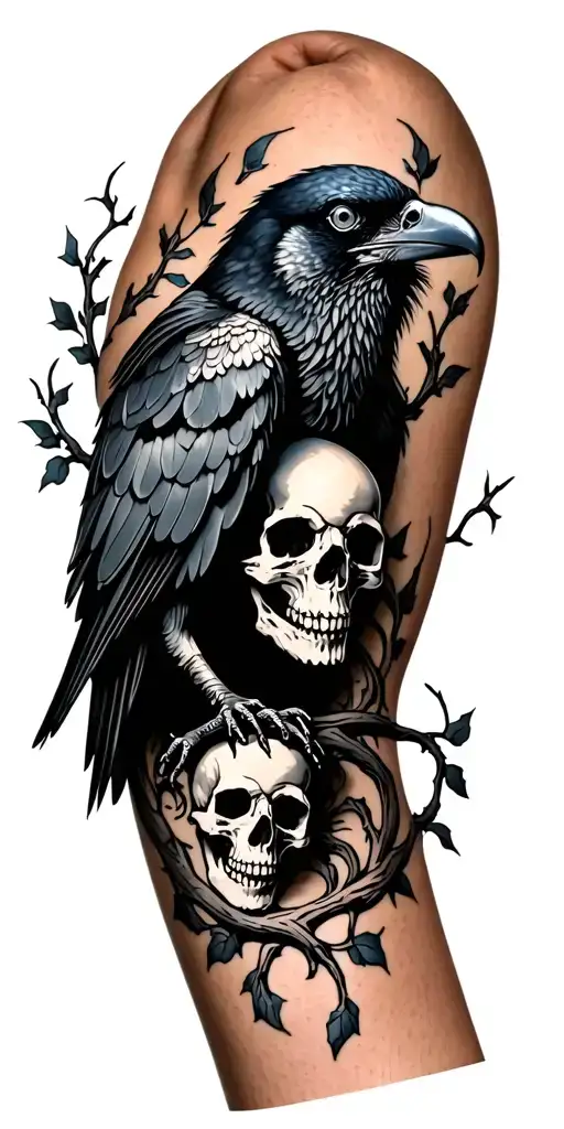 Vine Crow And Skulls Around Arm