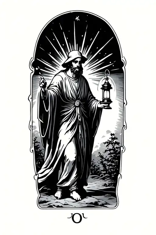 The Hermit Tarot Card Walking In Darkness Holding Lantern With Rays Eminating