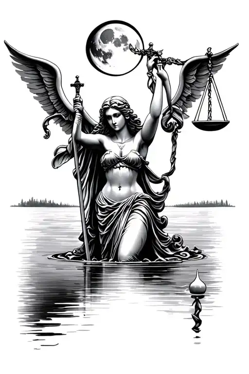 Lady Justice Over A Backdrop Of A Lake And Moon