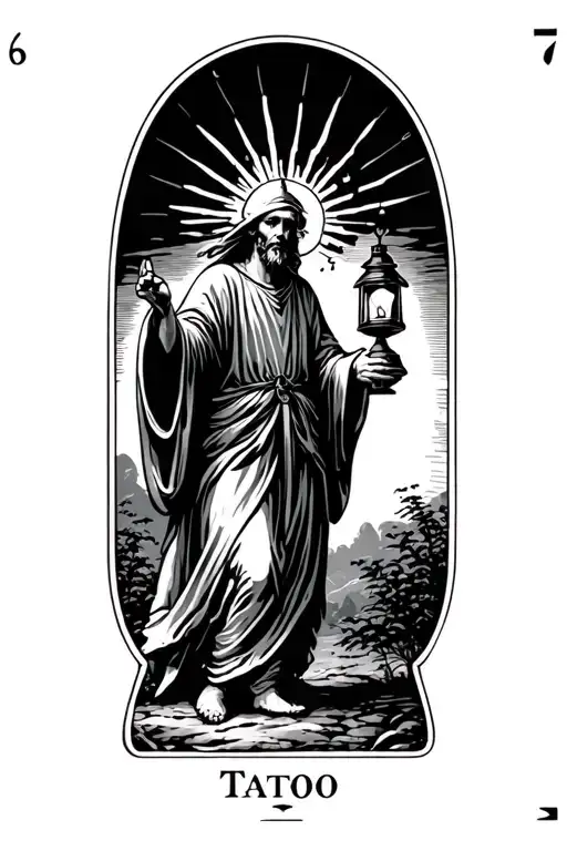 The Hermit Tarot Card Walking In Darkness Holding Lantern With Rays Eminating