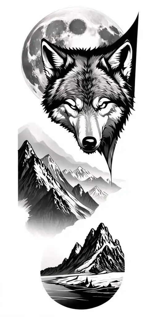 Tattoo Desing Full Sleeve Full Moon Angry Wolf And Mountians