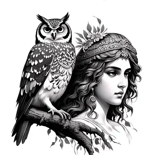 Athena Godess With Owl Perched On A Branch