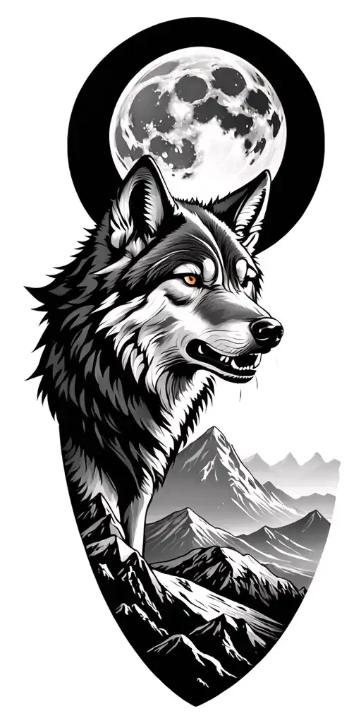 Full Moon Angry Wolf And Mountians