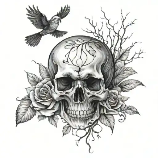 Skull Roses Trees And Birds