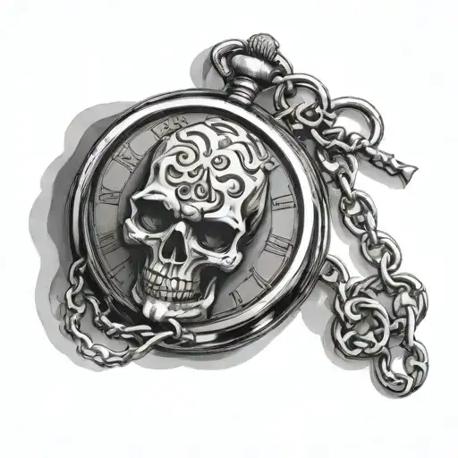 Pocket Watch With Skull In The Face And Chain Wrapped