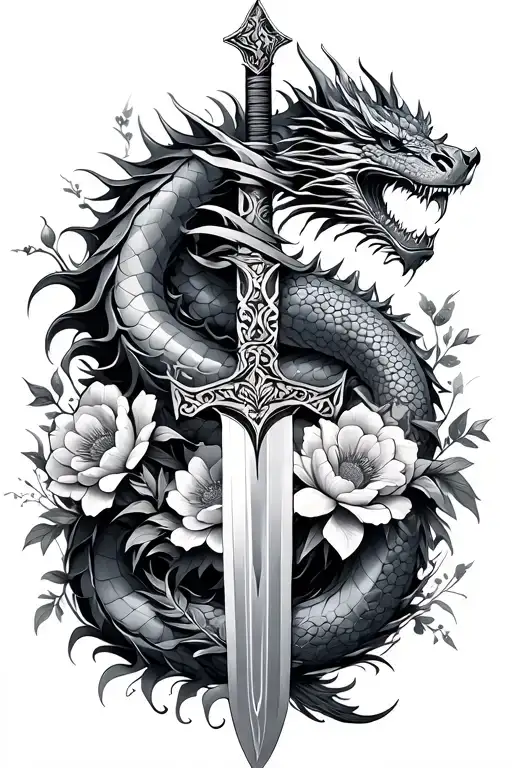 Dragon Wrapped Around A Sword Surrounded With Lots Of Flowers