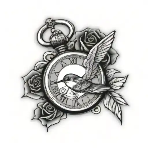 Pocket Watch With A Rose And Hummingbird In The Face With A Chain