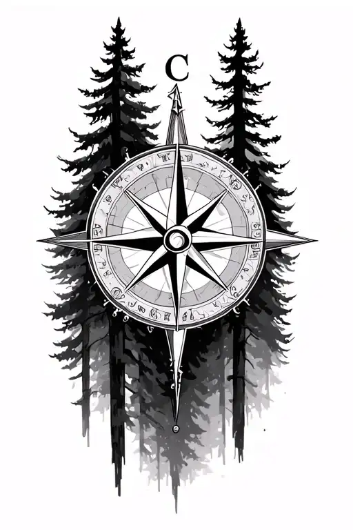 Detailed Compass Rose Surrounded By Forest