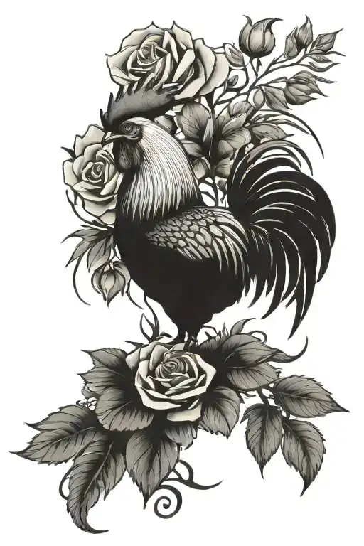 Rose Bush And Rooster