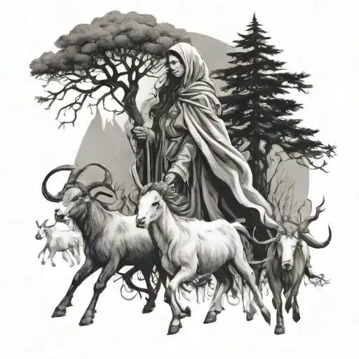 Mystical Women With Cloak Herding Goats In Spooky Forest