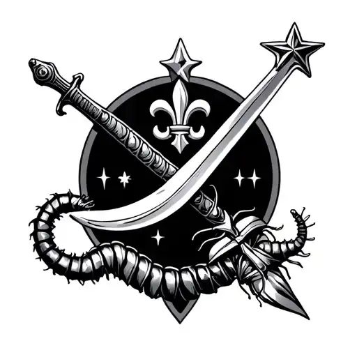 Crescent Moon And Star Above Sword With Fleur De Lis As The Hilt Wrapped By A Centipede