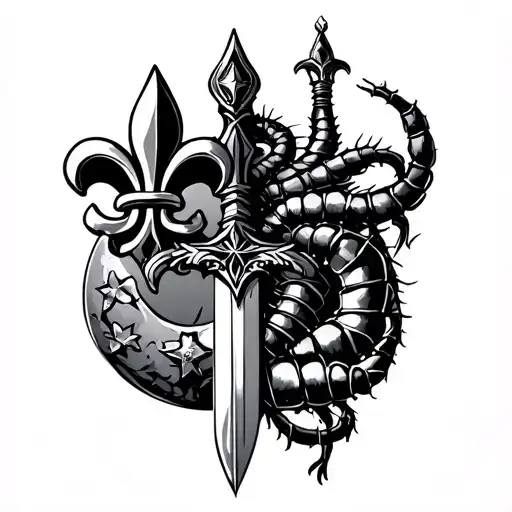 Crescent Moon And Star Above Sword With Fleur De Lis As The Hilt Wrapped By A Centipede