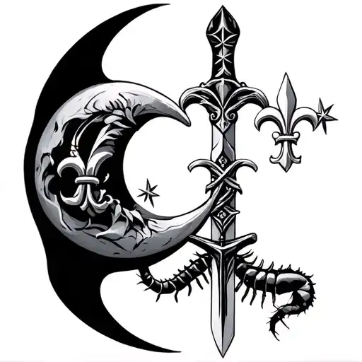 Crescent Moon And Star Above Sword With Fleur De Lis As The Hilt Wrapped By A Centipede
