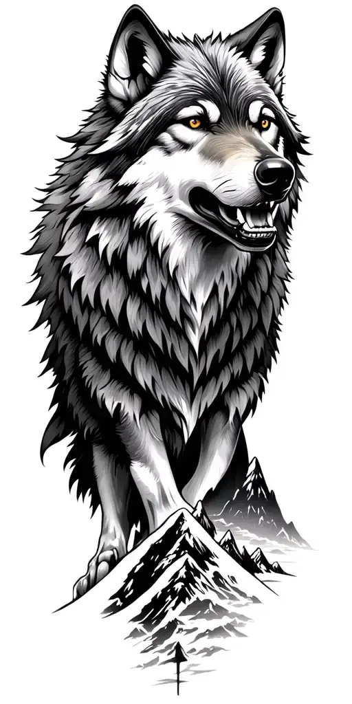 Growling Wolf And Mountains